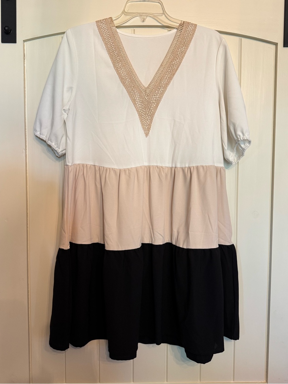 Cream, Tan & Black Dress with eyelet trim V neck